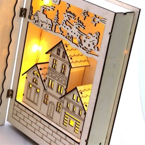 Iris Karácsonyi könyv mintás 44,5x30cm/meleg fehér LED-es fa kinyitható fénydekoráció 