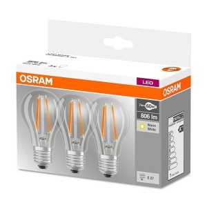 Osram Base átlátszó üveg búra/7W/806lm/2700K/E27/dobozos LED körte izzó 3 db 