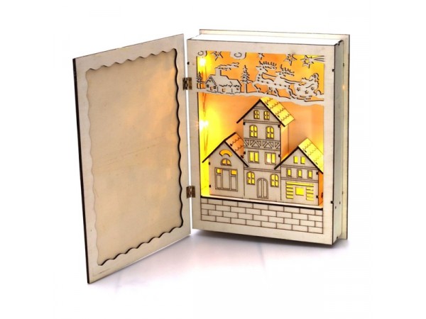 Iris Karácsonyi könyv mintás 44,5x30cm/meleg fehér LED-es fa kinyitható fénydekoráció 