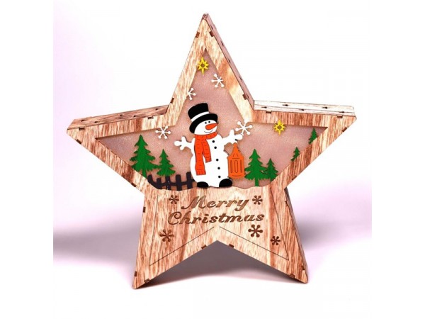 Iris Csillag alakú hóember mintás/30x30cm/meleg fehér LED-es fa fénydekoráció 