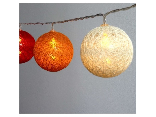 Iris Gömb alakú 6cm/színes fonott/1,5m/piros-narancs-meleg fehér/10db LED-es/USB-s fénydekoráció 