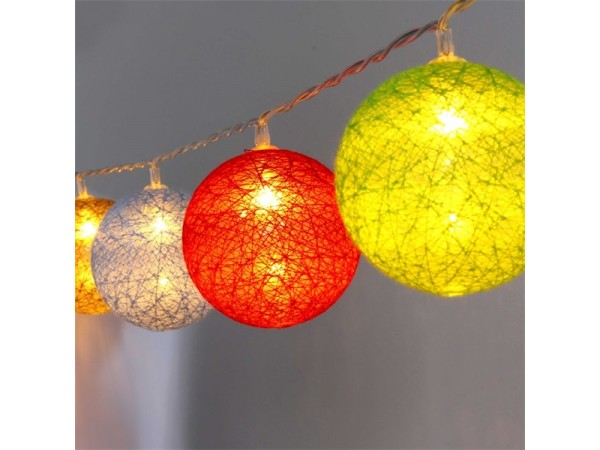 Iris Gömb alakú 6cm/színes fonott/3m/barna-piros-kék-zöld/20db LED-es/USB-s fénydekoráció 