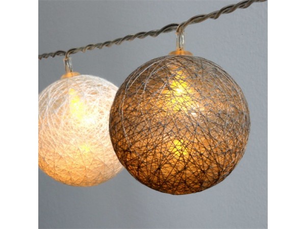 Iris Gömb alakú 6cm/színes fonott/4,5m/szürke-fehér/30db LED-es/USB-s fénydekoráció 